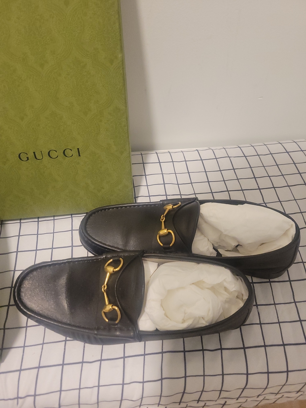Gucci Black Leather Horsebit Slip-On Loafers with Gold Hardware